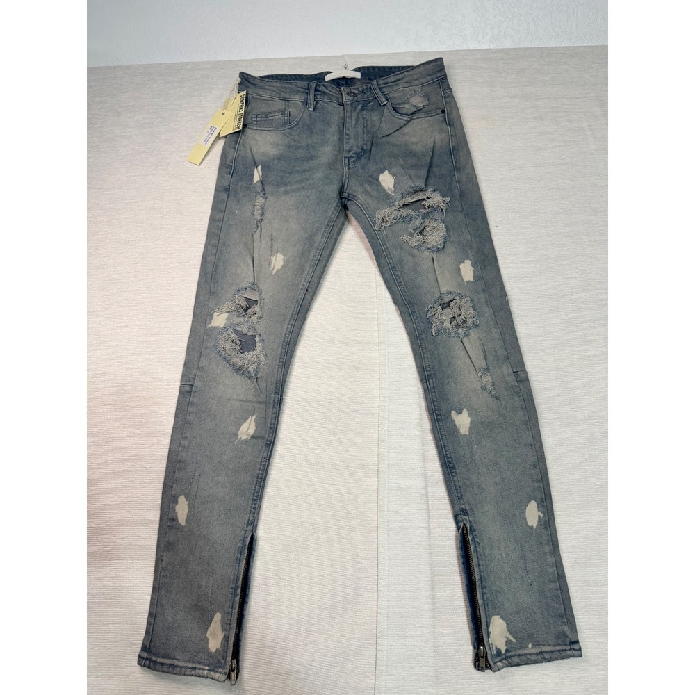 KDNK M14 Stretch Denim Jeans Steel Blue Distressed Ripped Ankle Zip Mens 32 NEW